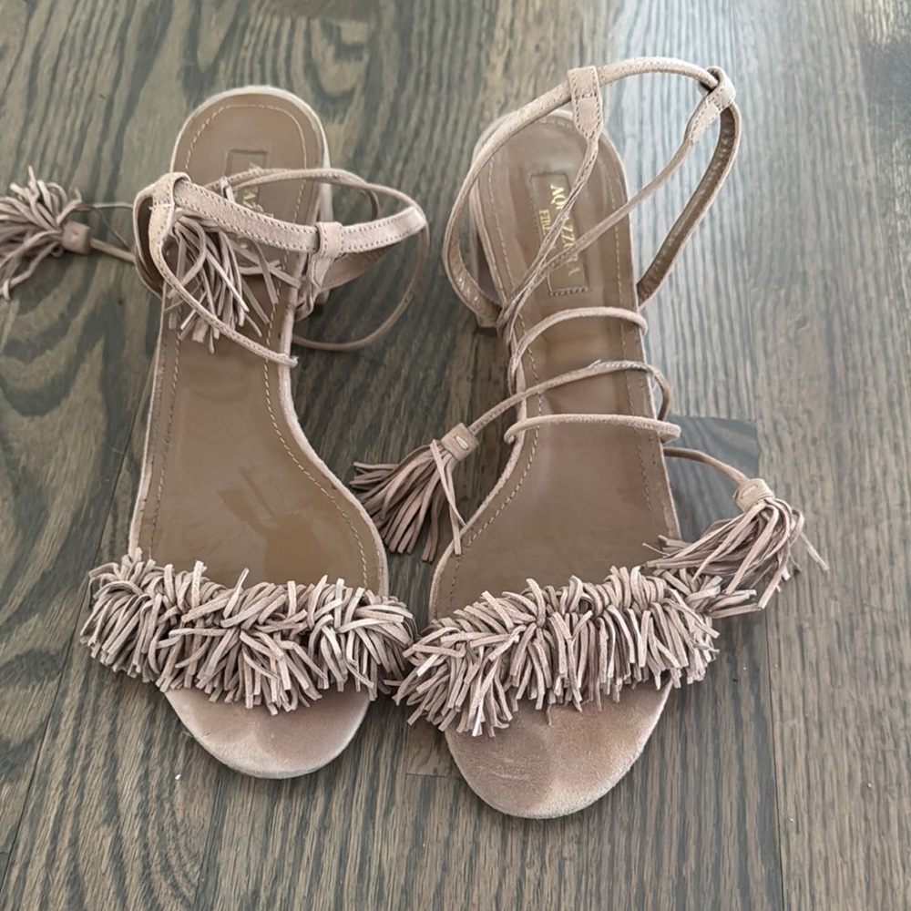 Aquazzura Tan Fringe Sandals with Ankle Wrap